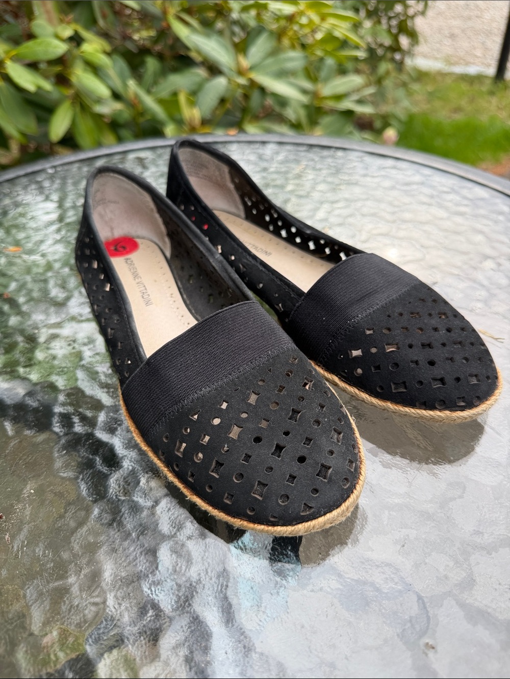 Black-Suede-like fabric Perforated Slip-On Espadrille Flats- Size 6
